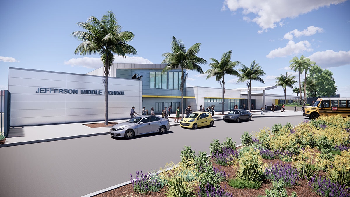 Jefferson Middle School — architectural rendering of new campus exterior