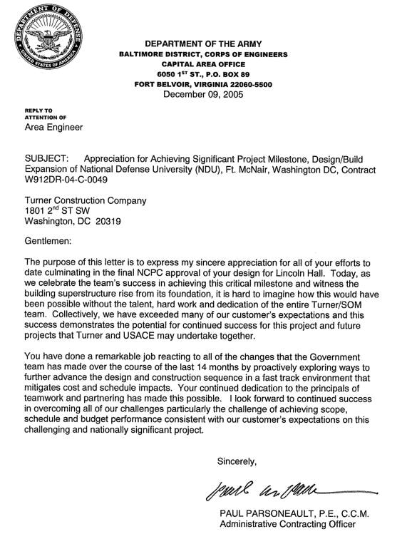 U.S. Army Corps of Engineers letter recognizing the Lincoln Hall National Defense University project milestone