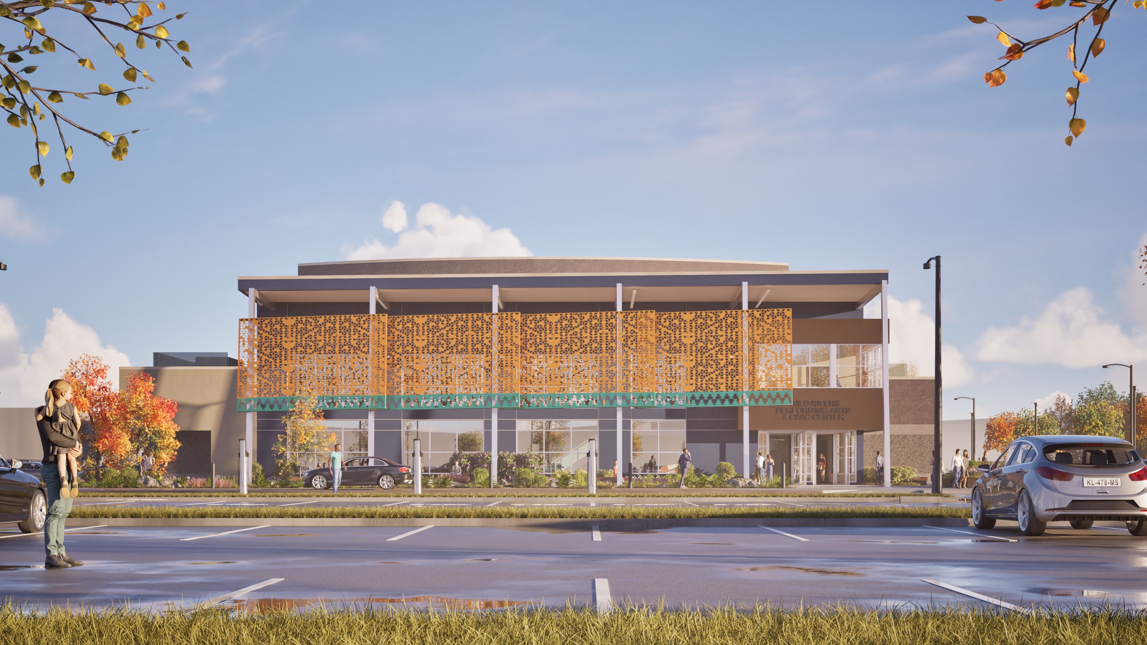 Smith River Performing Arts Center — exterior rendering with decorative screen facade